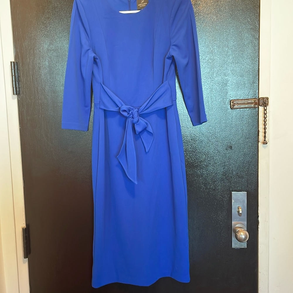 Adrianna papell Stretch Crepe Crew Neck Tie Waist 3/4 Sleeve Midi Sheath Dress